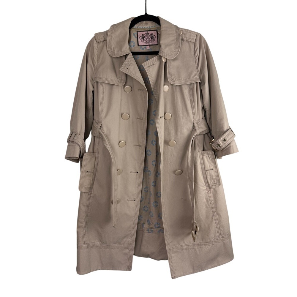 Juicy Couture Khaki Trench Coat Double Breasted Size Small Y2K Flawed